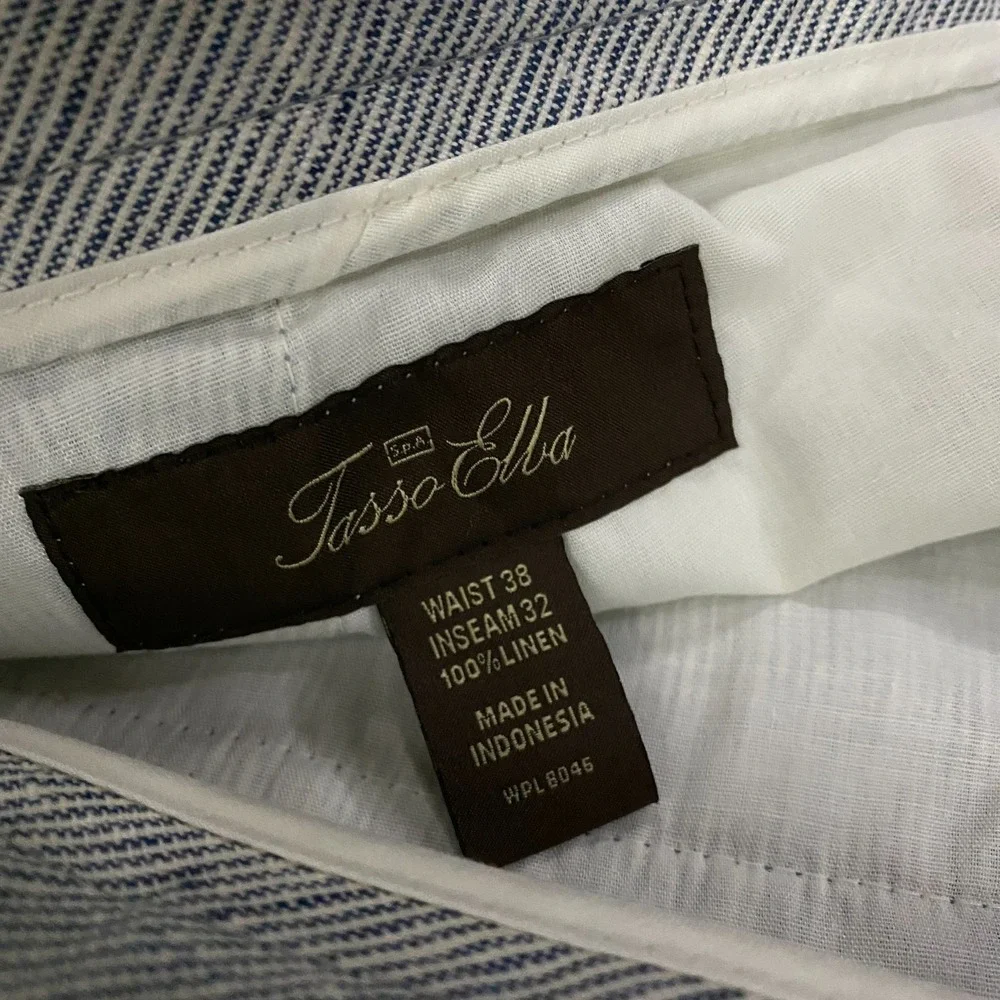 Tasso Elba Linen Dress Pants Mens 38x32 Chambray Stripe Blue White Event Casual